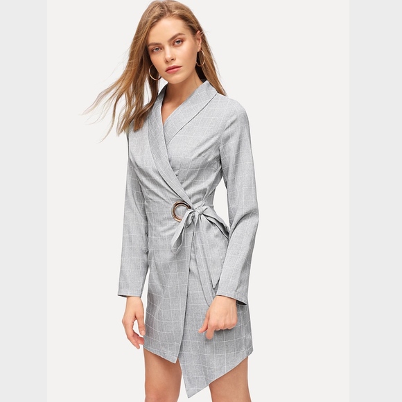 Shawl Collar Surplice Wrap Tie Asymmetrical Dress - Picture 2 of 8